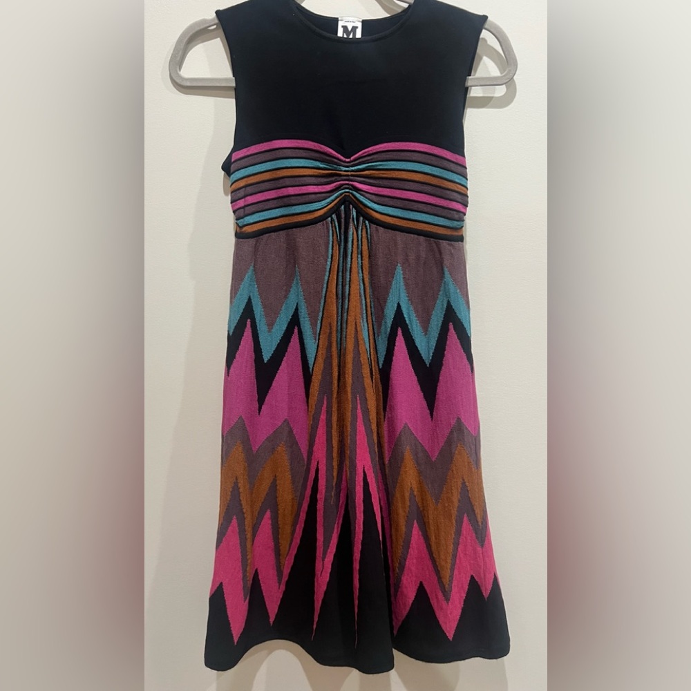 Missoni - Black & Striped Chevron Knit Babydoll Dress.